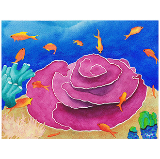 Aquarelle fond sous-marin coraux corail rose poissons oranges et jaunes mer bleu CatMat